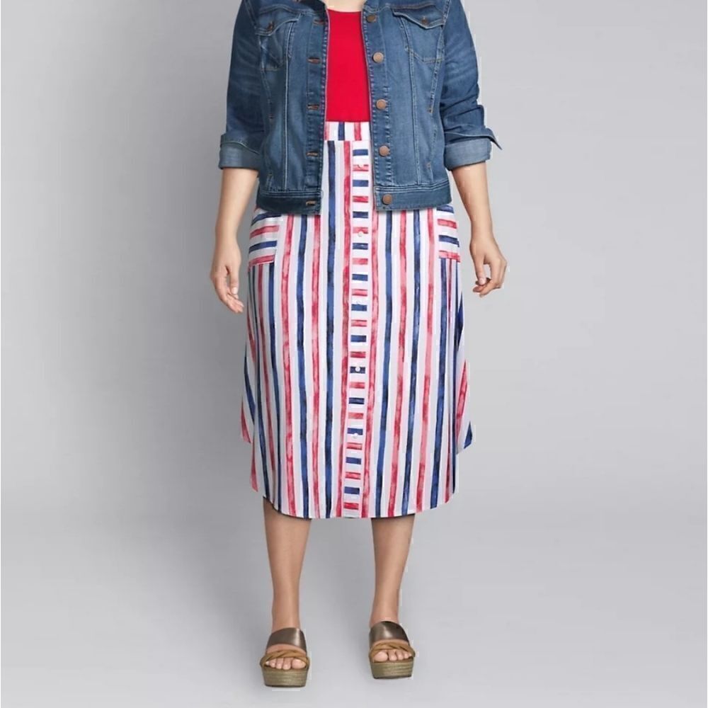 26W 28W Midi Crepe Skirt Red Blue Pockets Pull on